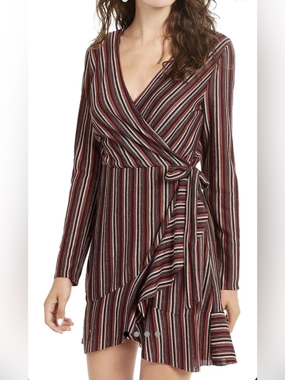 Crystal Doll Juniors Side Tie Burgundy Striped Long Sleeve Short Wrap Dress XXS